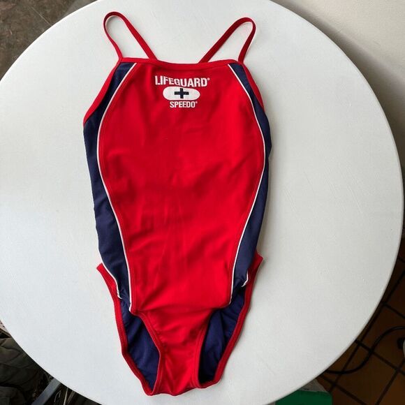 Vintage Y2K Speedo Lifeguard Swimsuit 8/34 Strappy One-Piece 90s Red Navy - Picture 2 of 13
